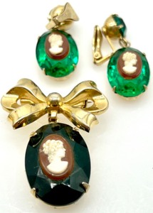 lot 303 image: Vintage 3 Piece CAMEO Set Signed CORO with other Vintage Pins and Jewelry Pieces