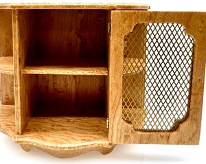 lot 308 image: Artisan Dollhouse Miniature - Artist Signed BIRDS EYE MAPLE -Rustic Cabinet with Screen Door Made by THE ARTFUL HAND MINIATURES BY PHYLIS B. Turner