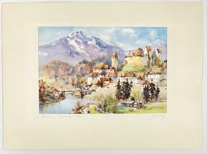lot 270 image: Collection of 8 Vintage Unframed Artist Signed German Watercolor Prints in Matting