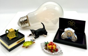 lot 319 image: Fancy Vintage Artisan Dollhouse Miniature - Tea Pot, Cat, REUTTER PORCELAIN GERMANY Clock, Bird Candy Dish and Pineapple Dessert On Platter - Some are Signed