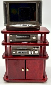 lot 327 image: Vintage Artisan Dollhouse Miniature - Living Room Lot of Fancy Rug,TV Console with Record and Remote with Wall Art and Light