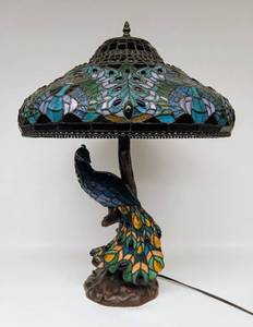 lot 5A image: Large Vintage TIFFANY-Style Stained Glass Peacock Table Lamp