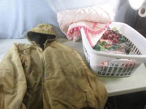 lot 85 image: (G-1) Laundry Basket with Blankets and Carhartt Coat Size 2XL Well Used Condition