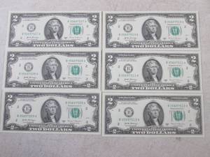 lot 88 image: (CNTR) 6 Uncirculated Consecutive Serial Number $2.00 Bills