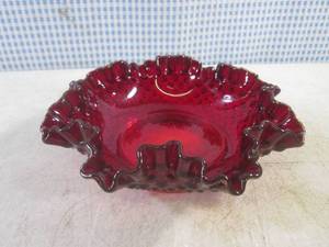 lot 163 image: (FS) Vintage Fenton Red Glass Ruffled Hobnail Dish 8