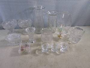 lot 169 image: (CS) Assorted Glass Decor - Vases, Candle Holders, Trinket Boxes Etc