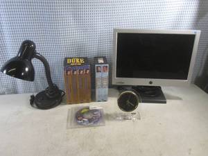 lot 173 image: (D-2) 15 Computer Monitor, Desk Lamp and Clock, Titanic and John Wayne VHS Tapes and Battle of the Planets DVD