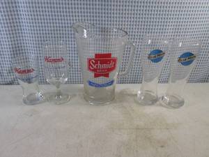 lot 214 image: (BS) 2 Hamms Beer Glasses, Schmidt Beer Pitcher and 2 Blue Moon Beer Glasses