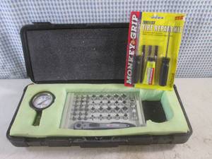 lot 250 image: (EW3) Cabelas Low Pressure Tire Gauge, Ace Hardware 14 SocketDriver Set and Monkey Grip Tubeless Tire Repair Kit