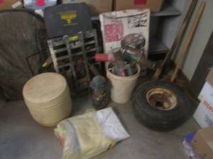 lot 365 image: (F-3) 2 Tree Stands, BBQ Grill, Portable Toilet, Coleman Lantern, 2 Insect Foggers, Trailer Wheel, Maul Etc