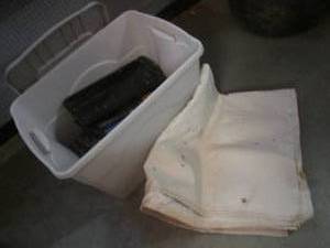 lot 369 image: (F-2) Assortment of Painting Supplies Including Large Drop Cloth Tarp in Tote with Lid