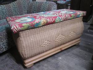 lot 379 image: (GRG) Wicker Bench with Hinged Padded Top (Top Needs To Be Re-attched To Hinge) 45 x 22 x 24 12 H