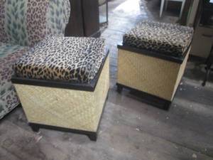 lot 385 image: (GRG) 2 Wicker and Wood Ottomans with Animal Print Padded Tops 16 x 16 x 18 12 H