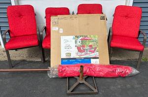 lot 5 image: Patio Table Set - 4 Chairs, Umbrella & Stand, Table and Red Cushions