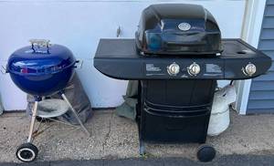 lot 30 image: Uniflame Propane Gas Grill Model GBC8119M with cover and propane tank and Weber Charcoal Grill (Miller Light & Jeep)