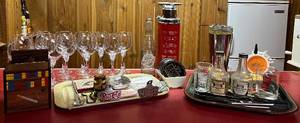 lot 44 image: Vintage Bar Lot - 12 crystal wine glasses, Old School Coasters, Tools, trays, and accessories