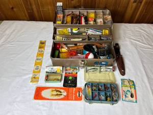lot 37 image: Vintage Fishing Lot -Fly Rod and Case, Lures, hooks and accessories