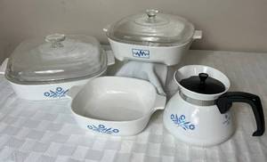 lot 55 image: Vintage  Corningware Blue Cornflower includes 6 cup coffee pot, 1 qt baking dish, 9.75 x 9.75x 2 Baking dish with lid and Heartbeat Casserole dish with lid