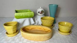 lot 56 image: Vintage McCoy Plant Pots, Vase, Spice Delight Sugar Bowl, Don Jay Ceramics 404 Drip Glaze Low Planter and low planter marked 1806