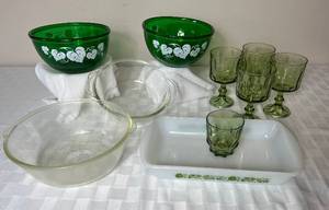 lot 53 image: Vintage Hazel Atlas Green Glass Mixing Bowls, Hazel Atlas Goblets, Fire King Clear  1 qt. Dish, Glasbake Clear Bowl and Glasbake Herb Garden J2024 1.5 qt. Milk Glass Baking Pan