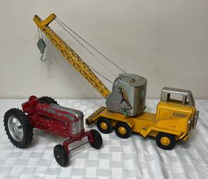 lot 61 image: Vintage Hubley Metal Red Tractor and Bandai Mammoth 20 Ton Truck Mounted Toy Crane
