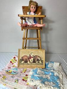 lot 69 image: Vintage Hard Plastic Doll plus Highchair, Baby Blankets & Quilt, Vintage Framed Susie Puppy & Noisy Kitten Print