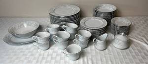 lot 82 image: Crescent Fine China Set - Floral Pale Pink & Blue Flowers, Platinum Edge