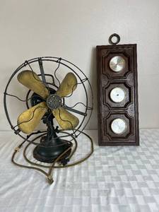 lot 98 image: GE Antique Heavy Metal Fan and Vintage Springfield Weather Station