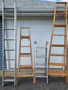 lot 15 image: Four Ladder Lot - Keller Model KKL-16 Articulated, Keller Wood Model W-6 6Ft Ladder, Keller Model W2-8 Ft Ladder and Montgomery Ward Aluminum Extension Ladder 16 ft