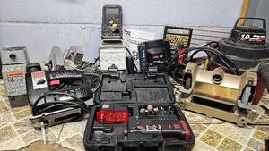 lot 35 image: Corded Tool Assortment - Black & Decker Drill Bit Sharpener, Skil Plunge Routers, Voltmeter, Chicage Electric Oscillating Power Tool, Shop Vac 1 gal, Toastmaster Bench Grinder, Skil Jigsaw, Protek 505 Digital Multimeter and Power House Saw
