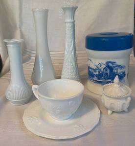 lot 139 image: Milk Glass Collection - Vases, Teacup and Saucer, Humidor Canister Tobacco Jar with Blue Lid