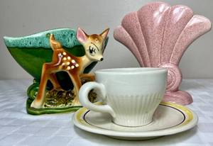 lot 90 image: Red Wing Pottery Vase, Teacup and Saucer and Vintage Fawn Pottery Planter (UP-5 USA)