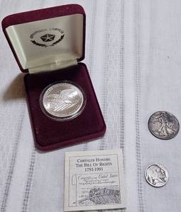 lot 137 image: 1944 Walking Liberty Coin, Buffalo Nickel and Bill of Rights one troy ounce .999 fine silver Medallion