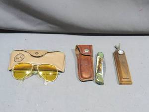 lot 70 image: Mixed Lot - Ray Ban Shooting Glasses, Folding Knife and Knife Sharpener