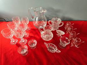 lot 41 image: Crystal Pitchers, Heisey Sugar, Highboy Thistle Spooner, Brandy Pipes and More