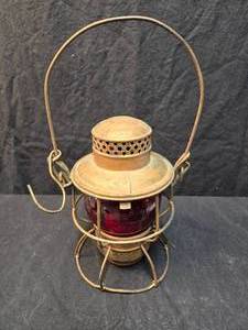 lot 20 image: Railroad Lantern--Adlake Kero, Marked Rock Island With Red Globe Etched With R.I.L.