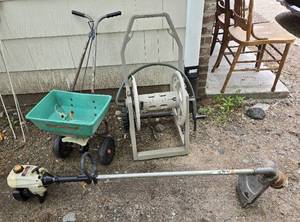 lot 358 image: Fertilizer Spreader, Hose Reeler, Ryobi Trimmer