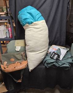 lot 473 image: One Western Field Camping Bag, Eddie Bauer Canvas Bag, Air Mattress & Inflater, Sleeping Bag