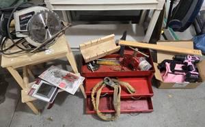 lot 474 image: Craftsmen 2.18HP  7 14 Circular Saw, Just Opened Work Poly Drill, Workbox & Step Stool