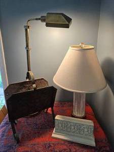 lot 206 image: Brass Magazine Rack, Lovely Lamps & Wall Shelf