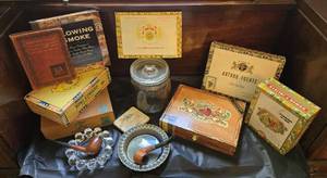 lot 10A image: Smoking Collection--Glass Humidor, Pipes, Cigar Boxes