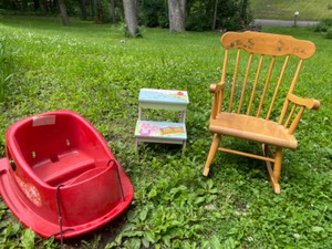 lot 434 image: Kids Size Stuff--Rocker, Footstool & Snowboggin