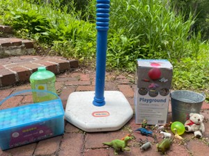 lot 435 image: Fun Kids Outdoor Toys from Playground Set, Chalk, Bubbles, T-Ball Stand