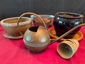 lot 335 image: Brass Watering Can & Indoor Gardening Ceramic Pots