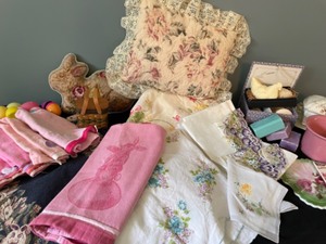 lot 347 image: Spring Collection of Round Table Linens, vintage Hankerchiefs, Needlepoint Bunny, Soaps, etc.