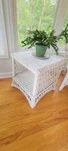 lot 2 image: White Wicker Chair and Matching Table & Plant Stand