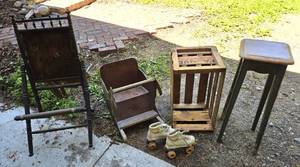 lot 224A image: Vintage Horse Rocker, Skates, Chair, Crate & Stool