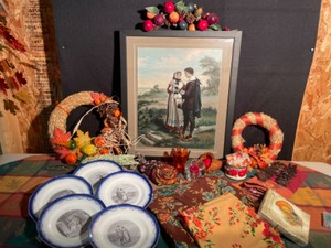 lot 257 image: Pilgrim & Fall Collection With  A Beautiful Picture, Pilgrim Plates & April Cornell Linens