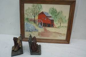 lot 176 image: Red Barn Picture and Horse Saddle Bookends