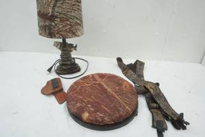 lot 180 image: Fish Table Lamp, Sportsman Seat, Knife Sheath & Hunting Suspenders